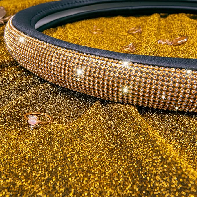 CAR Pass Rhinestones Diamond Bling Steering Wheel Cover, Universal Fit for SUV,Vans,Sedan,Car,Truck 14.5-15inch Universal Fit (Golden) Crystal Glitter for Women Sparkle Girly Sparkling Gold Shining - Image 2