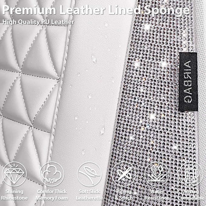 CAR PASS All White Bling Diamond Leather Car Seat Covers Full Sets,Waterproof Shining Glitter Sparkly Crystal Universal Fit for Automotive Truck SUV Cute Women Girl Airbag Compatable,Sliver Rhinestone - Image 4
