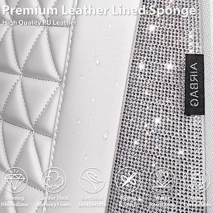CAR PASS All White Bling Diamond Leather Car Seat Covers Full Sets,Waterproof Shining Glitter Sparkly Crystal Universal Fit for Automotive Truck SUV Cute Women Girl Airbag Compatable,Sliver Rhinestone - Image 4