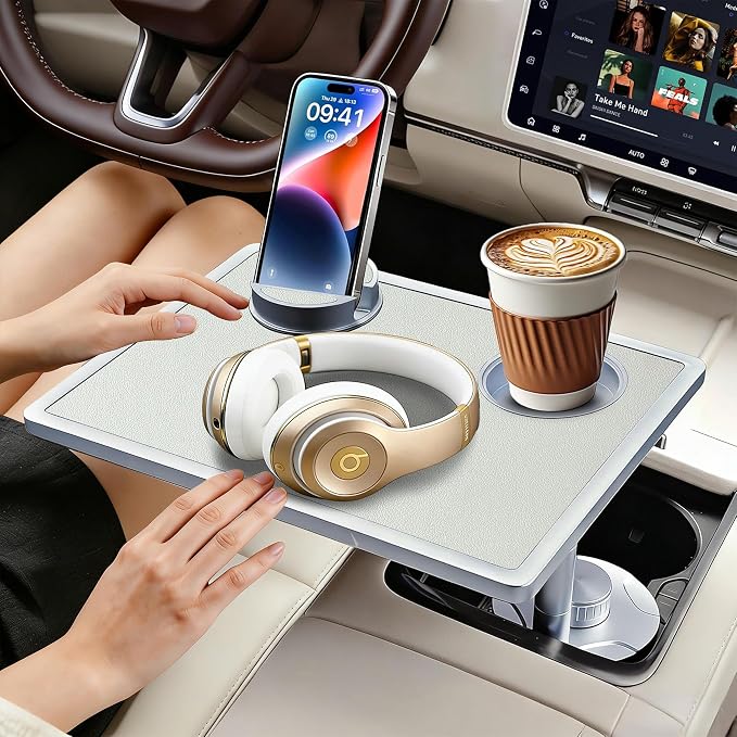 Car Desk for Laptop 360° Rotating Tesla Tray with Cup Holder Phone Stand | Adjustable Height Car Table Tray Car Accessories Compatible with Model 3/Y/S Ford Vehicles, Fits Round Cup Holder 2.28"-3.66" by Unknown