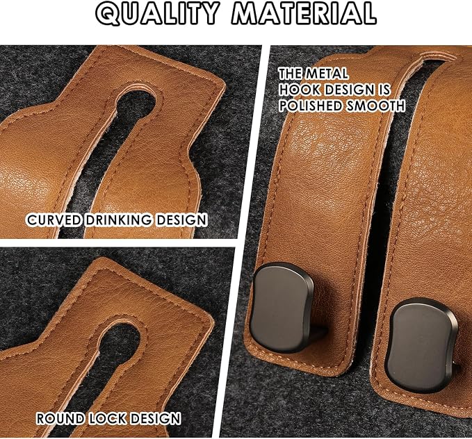 KINIVA Car Seat Headrest Storage Hooks, Set of 2, Suede PU Leather, Double Hooks (06-Brown) - Image 3