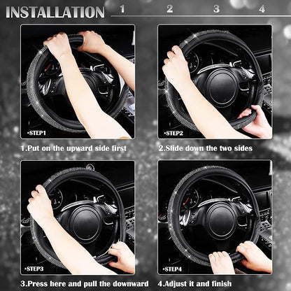 CAR PASS Diamond Black Leather Steering Wheel Cover, with Bling Crystal Rhinestones Universal Fit 14" 1/2-15" Crystal Glitter for Women Sparkle Girl Fit Suvs,Vans,Sedans,Cars,Trucks, White Diamond - Image 7
