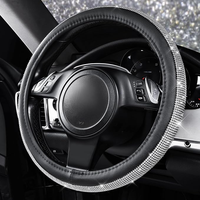 CAR PASS Bling Silver Diamond Leather Steering Wheel Cover, with Sparkly Crystal Glitter Rhinestone Universal Fit 13" 1/2-14" Small Car Wheel Protector for Women Girl Fit Car,SUV,Van,Sedan, Silver - Image 3