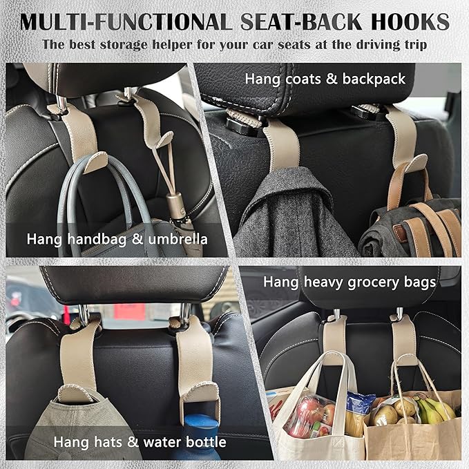 Car Seat Headrest Hook 55lb Heavy Duty Metal Hanger with Leather for Bags | Universal Fit car SUV Truck, Premium Microfiber Leather, Metal Core, Hang Purses Groceries Handbag Backpack, 4 Pack Beige - Image 2