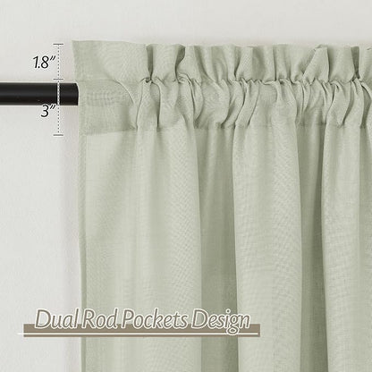 RYB HOME Linen Sheer Curtains 2 Panels for Living Room, Semi Transparent Privacy Drapes with Rod Pocket Farmhouse Style Window Treatments for Bedroom, Sage Green, 52" W x 102" L - Image 2