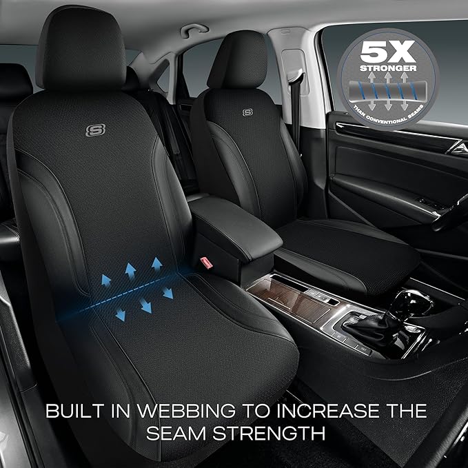 Skechers Seat Covers, Work Leather Car Seat Covers 5-Times Stronger Built-in Webbing, Oxford Fabric Front Seat Cover, Airbag Compatible, Automotive Comfort for Cars, Trucks, SUVs,Black - Image 2