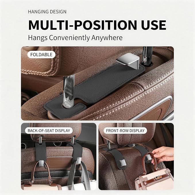 Car Headrest Hook,Premium Leather Back Seat Hanger for Purse & Bags | Solid 40lb metal core,360-degree silent rotation,space-saving hidden folding,durable dual support (2, Black) - Image 2