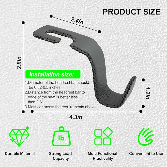 Car Seat Headrest Hook Heavy Duty 55lb Metal Hanger with Leather for Bags | Universal Vehicle Seat Back Organizer, Ergonomic Design, Hang Groceries Handbag Backpack Water Bottle, 4 Pack Gray - Image 6