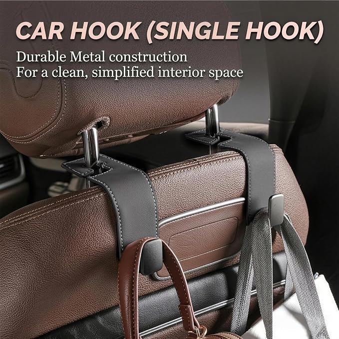 Car Headrest Hook,Premium Leather Back Seat Hanger for Purse & Bags | Solid 40lb metal core,360-degree silent rotation,space-saving hidden folding,durable dual support (2, Suede Grey) - Image 7