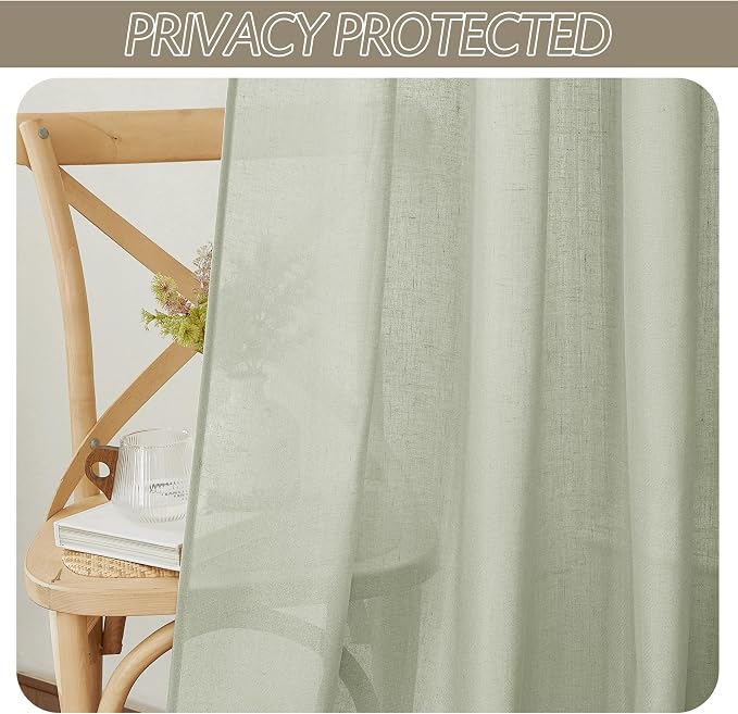 RYB HOME Linen Sheer Curtains 2 Panels for Living Room, Semi Transparent Privacy Drapes with Rod Pocket Farmhouse Style Window Treatments for Bedroom, Sage Green, 52" W x 102" L - Image 6