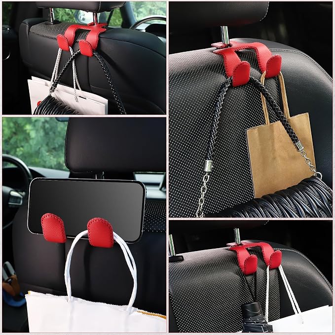 LivTee Upgraded Superior Leather Car Seat Back Headrest Hook, 2 in 1 Auto Seat Hook Hangers Holder Organization Interior Accessories for Purses Coats Umbrellas Grocery Bags Handbag (Red) - Image 6