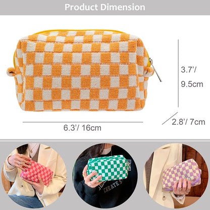 PAZIMIIK Checkered Makeup Bag for Purse Portable Zipper Make Up Pouch Small Cosmetic Case for Travel Accessories (Orange) | Cute Zipper Makeup Organizer for Women, Travel Essentials, Toiletries, Makeup Brushes, Beauty Accessories&Bridesmaid Gifts - Image 3