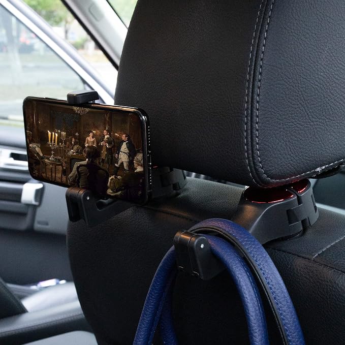 Amooca Car Seat Hooks for Purses and Bags with Phone Holder, Universal Car Headrest Storage Organizer Hanger Hook with Lock, 360° Rotation Headrest Hooks, 2 in 1 Car Headrest Hooks, 2 Pack, Red - Image 2