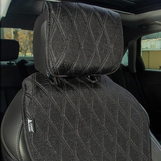 Leader Accessories 2pcs Sideless Front Seat Covers for All Seasons, Black | Breathable Faux Linen Seat Cushions, Non-Slip Bottom With Headrest Protectors, Universal Fit For Car Van SUV Pickup Truck - Image 2