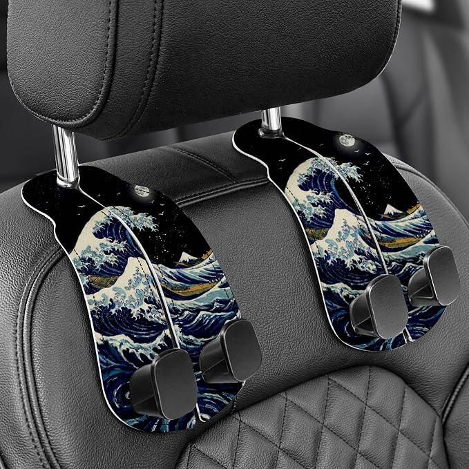 WOCOCN Purse Holder for Car, 2 Pack Heavy Duty Purse Hanger for Car, Waves | PU Leather Car Seat Hooks for Purses and Bags, Cute Floral Headrest Organizer for Handbags & Backpacks by WOCOCN