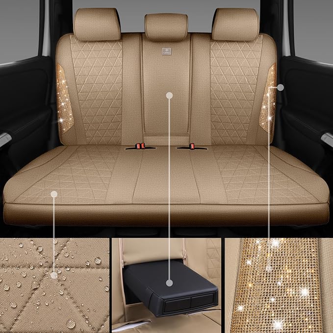 CAR PASS Beige Oxford Bling Diamond Car Seat Covers Full Set Interior Sets, Waterproof Shining Glitter Sparkly Crystal Universal Armrest Fit 95% Automotive Truck SUV Cute Women Girl, Beige Rhinestone - Image 6