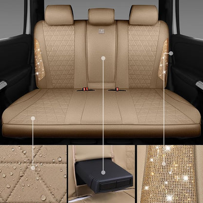 CAR PASS Beige Oxford Bling Diamond Car Seat Covers Full Set Interior Sets, Waterproof Shining Glitter Sparkly Crystal Universal Armrest Fit 95% Automotive Truck SUV Cute Women Girl, Beige Rhinestone - Image 6