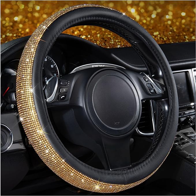 CAR Pass Rhinestones Diamond Bling Steering Wheel Cover, Universal Fit for SUV,Vans,Sedan,Car,Truck 14.5-15inch Universal Fit (Golden) Crystal Glitter for Women Sparkle Girly Sparkling Gold Shining by CARPASS