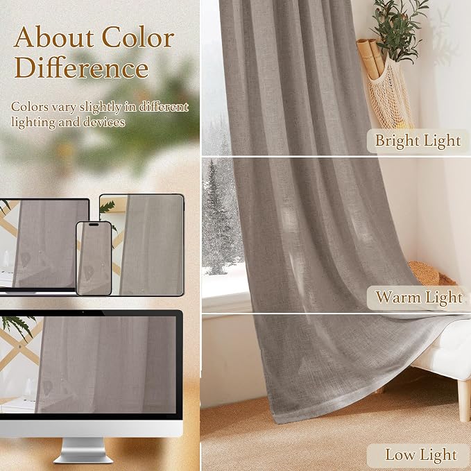 RYB HOME Linen Semi Sheer Curtains for Living Room, Light Filtering Half Privacy Window Curtains & Drapes for Bedroom, 2 Panels, Birch Brown, 52" W x 72" L - Image 6