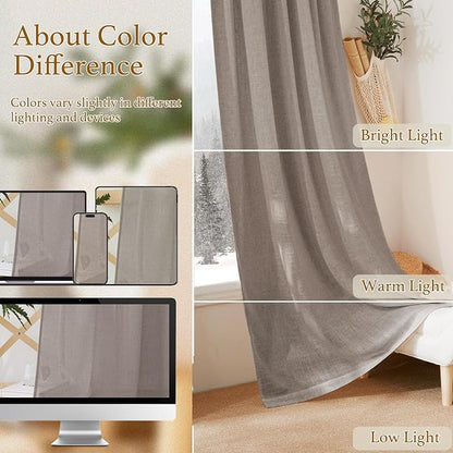 RYB HOME Linen Semi Sheer Curtains for Living Room, Light Filtering Half Privacy Window Curtains & Drapes for Bedroom, 2 Panels, Birch Brown, 52" W x 72" L - Image 6