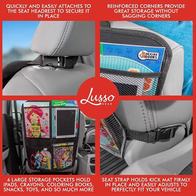 Lusso Gear Kick Mats (2 Pack) - Car Seat Back Protectors, Premium Waterproof Fabric, Reinforced Corners to Prevent Sag, and 4 Mesh Pockets for Large Storage (Tan) - Image 5