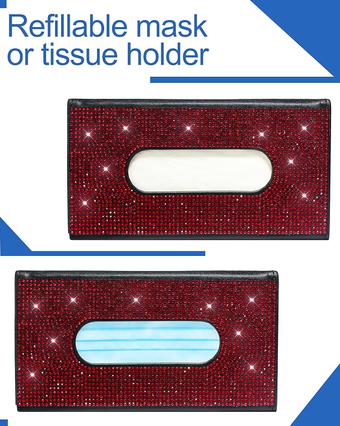 Bling Car Sun Visor Tissue Box Holder, PU Leather Car Napkin Holder, Red | Car Tissue Holder, PU Leather, with Crystal Rhinestones, Backseat Napkin Case, auto interior Accessories, for Women - Image 6