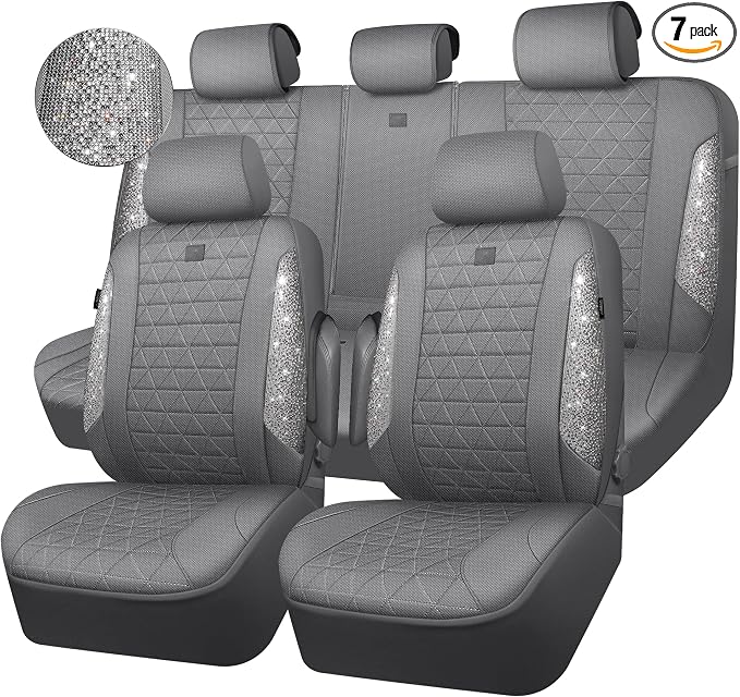 CAR PASS Gray Oxford Bling Diamond Car Seat Covers Full Set Interior Sets, Waterproof Shining Glitter Sparkly Crystal Universal Armrest Fit 95% Automotive Truck SUV Cute Women Girl, Gray Rhinestone by CARPASS