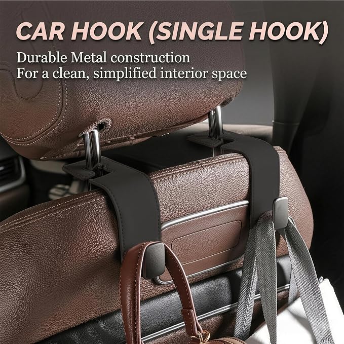Car Headrest Hook,Premium Leather Back Seat Hanger for Purse & Bags | Solid 40lb metal core,360-degree silent rotation,space-saving hidden folding,durable dual support (2, Black) - Image 7