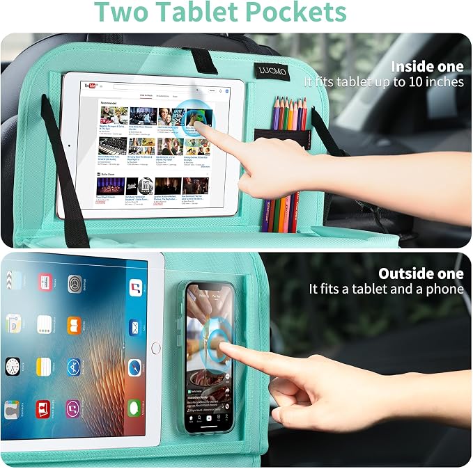 LUCMO Car Backseat Organizer with Foldable Tablet Holder, Light Blue | 2 Pcs,6 Storage Pockets,Foldable Food Tray,Protectors Kick Mats,Travel Accessories,Seat Cover,Road Trip Essentials - Image 5
