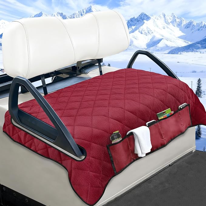 YOKYHOM Golf Cart Seat Covers with 4 Front Pockets, Thick Seat Towel Blanket with Non-Slip Backing, Fits EZGO, Club Car, Yamaha and More 2 & 4 Passenger Golf Carts, Red by GolfCartLifestyleEssentials