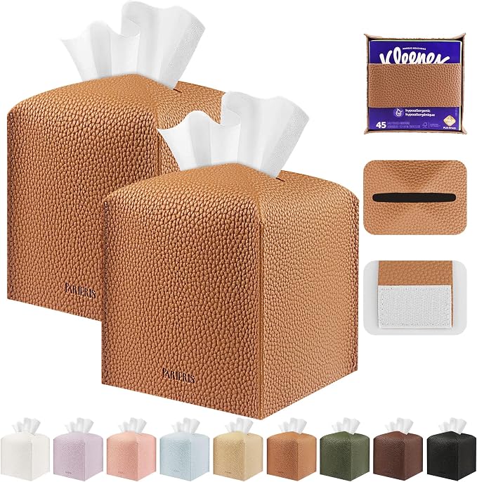 Tissue Box Cover Holder Square Tissue Cube Cover PU Leather Tissue Organizer with Bottom Belt for Bathroom, Tabletop, Car, Night Stands, Office, Home, Kitchen (2, Brown) by DecorateYourHome