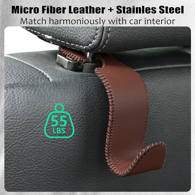 Car Seat Headrest Hook 55lb Heavy Duty Metal Hanger with Leather for Bags | Universal Fit car SUV Truck, Premium Microfiber Leather, Metal Core, Hang Purses Groceries Handbag Backpack, 4 Pack Brown - Image 6
