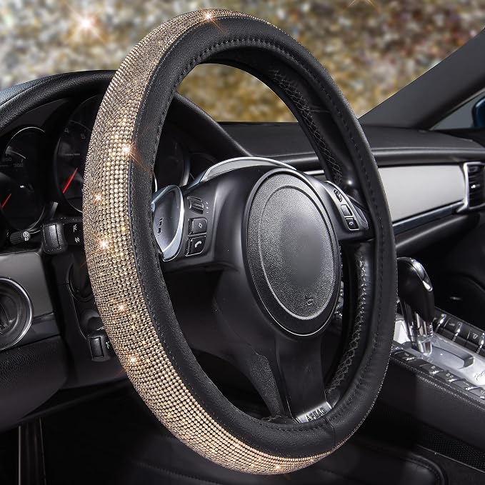 CAR PASS Bling Champagne Diamond Steering Wheel Cover, Black Leather Universal Fit 14.5-15inch Glitter Rhinestones for Women Sparkle Crystal Girly Shining for SUV,Vans,Sedan,Car,Truck, Black Champagne - Image 4