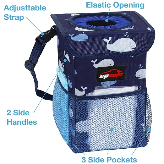 EPAuto Waterproof Car Trash Can with Lid and Pockets, 1.8 Gal, Blue | Leakproof, Collapsible Multipurpose Car Bin with 3 Side Storage Pockets, Adjustable Straps - Image 4