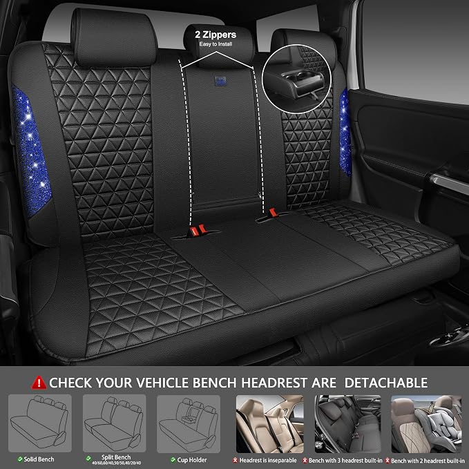 CAR PASS Bling Diamond Black Leather Car Seat Covers Full Set Interior Sets, Waterproof Shining Glitter Sparkly Crystal Universal Armrest Fit Automotive Truck SUV Cute Women Girl, Blue Rhinestone - Image 4