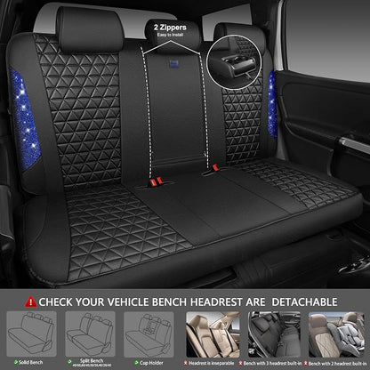 CAR PASS Bling Diamond Black Leather Car Seat Covers Full Set Interior Sets, Waterproof Shining Glitter Sparkly Crystal Universal Armrest Fit Automotive Truck SUV Cute Women Girl, Blue Rhinestone - Image 4