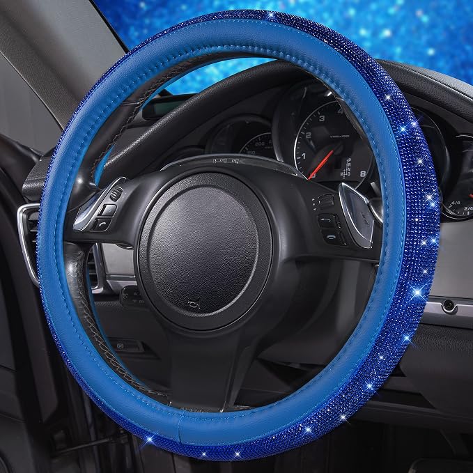 CAR PASS Bling Diamond Leather Steering Wheel Cover, with Bling Sparkly Crystal Glitter Rhinestones Universal Fit 14" 1/2-15" Car Wheel Protect for Women Girl Fit Suvs,Vans,Sedans,Cars,Trucks, Blue - Image 4