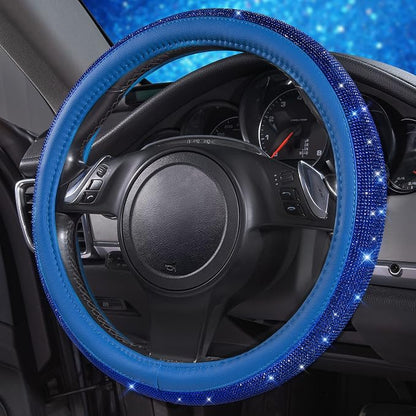 CAR PASS Bling Diamond Leather Steering Wheel Cover, with Bling Sparkly Crystal Glitter Rhinestones Universal Fit 14" 1/2-15" Car Wheel Protect for Women Girl Fit Suvs,Vans,Sedans,Cars,Trucks, Blue - Image 4