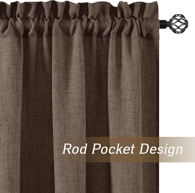 RYB HOME Natural Linen Sheer Curtains 95 inches Long for Living Room | Weave Textured, Rod Pocket, Light Filtering, Brown, for Dining Room, W52 x L95, 2 Panels Set - Image 3