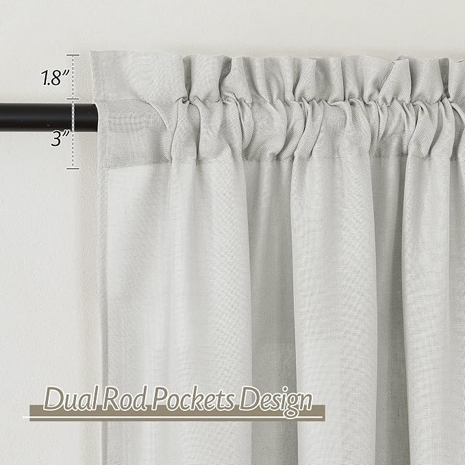 RYB HOME Linen Sheer Curtains 2 Panels for Living Room, Semi Transparent Privacy Drapes with Rod Pocket Farmhouse Style Window Treatments for Bedroom, Light Grey, 70" W x 95" L - Image 2