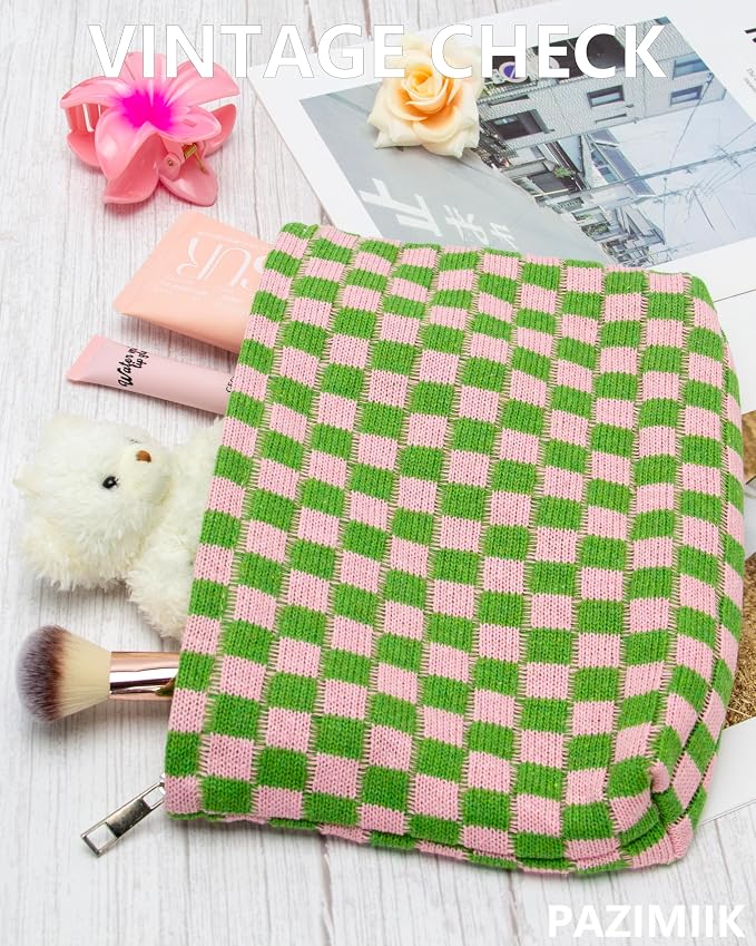 Checkered Makeup Bag for Purse, Small Flat Cosmetic Pouch,Pink Green | Cute Zipper Makeup Organizer for Women, Travel Essentials, Toiletries, Makeup Brushes, Beauty Accessories&Bridesmaid Gifts - Image 3