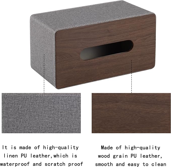 High-end Leather Tissue Box Holder Two Color Matching,Rounded Rectangle Napkin Pumping Paper Case Dispenser, Facial for Home Bathroom Dresser Office Automotive Decoration (Gray) - Image 4