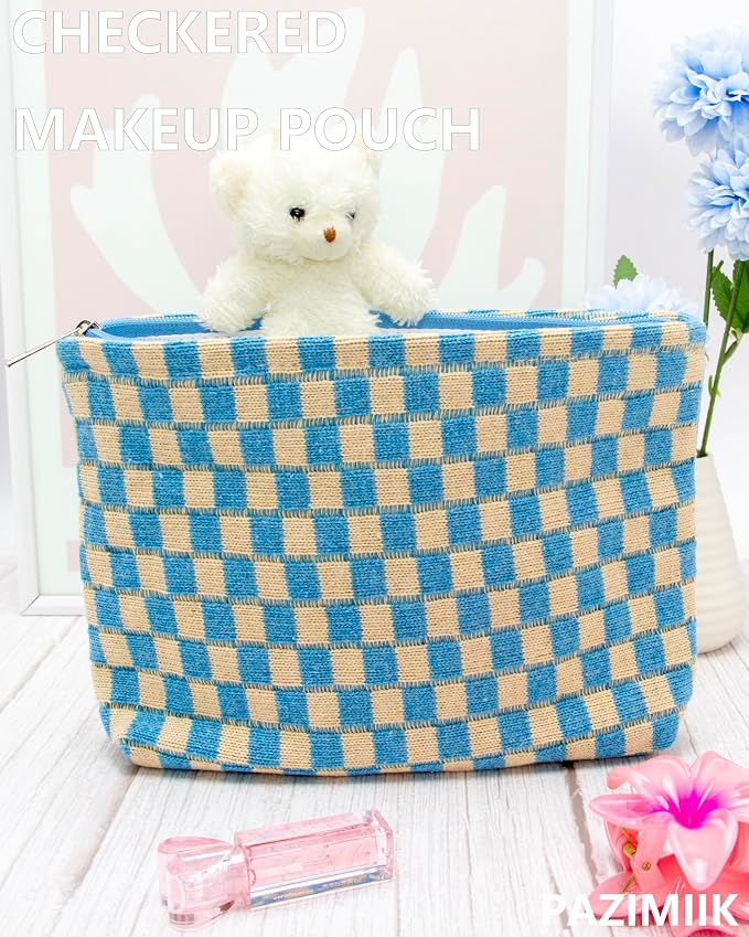 Checkered Makeup Bag for Purse, Small Flat Cosmetic Pouch,Blue Beige | Cute Zipper Makeup Organizer for Women, Travel Essentials, Toiletries, Makeup Brushes, Beauty Accessories&Bridesmaid Gifts - Image 2