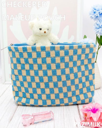 Checkered Makeup Bag for Purse, Small Flat Cosmetic Pouch,Blue Beige | Cute Zipper Makeup Organizer for Women, Travel Essentials, Toiletries, Makeup Brushes, Beauty Accessories&Bridesmaid Gifts - Image 2
