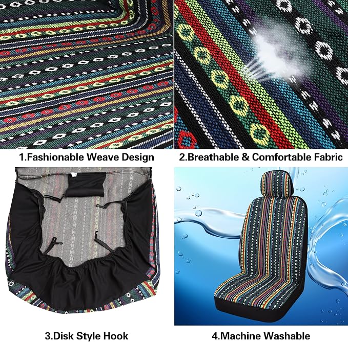HAIYAOTIMES Baja Saddle Blanket Car Seat Covers Front Set with Seat Belt Pads, Washable Breathable Seat Covers for Cars, Universal Fit Interior Covers for Most Cars, Airbag Compatible, Red/Blue - Image 6