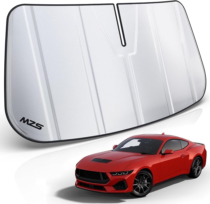 MZS Windshield Sun Shade Compatible with Mustang 2024 2025 2026 | 6-Layer Heat Insulation, 99% UV Blocking, Keeps Interior Cool, Full Coverage Visor, Foldable Car Window Sunshade, Storage Bag by MZS