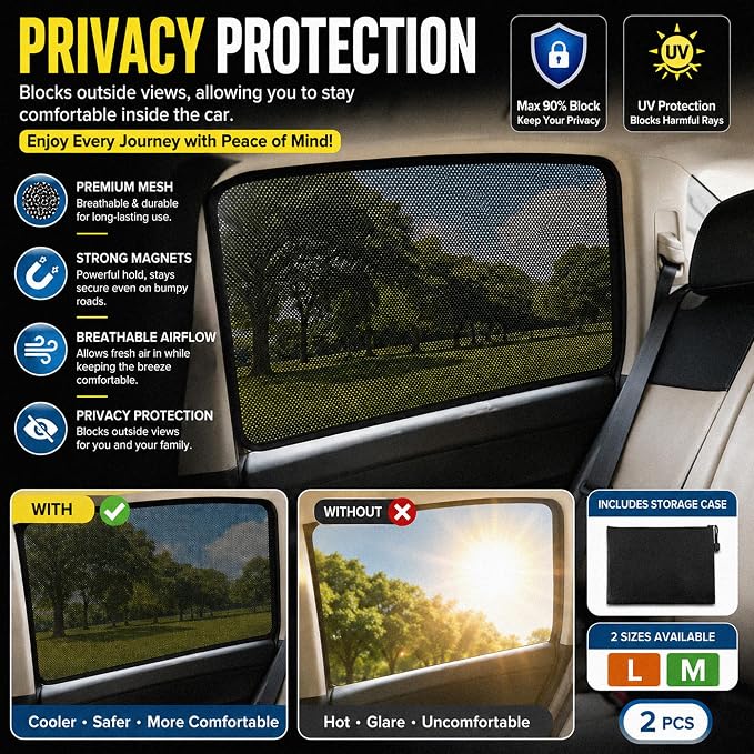 Magnetic Mesh Car Window Shades, UV Protection, 2 Pack | 90% UV Block | Breathable Mesh | Privacy with Visibility | Magnetic Installation - Image 8