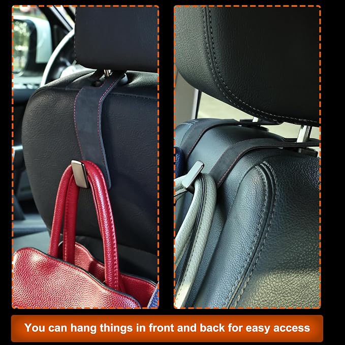 Heavy-Duty Car Headrest Hooks Holds 44lb Suede & Metal Hangers for Bags | Universal Fit for Cars/Suv/Trucks, 2-Pack, Hang Grocery Bag Handbag Purses Coat Water Bottle, Seat Back Organizer，Black - Image 2