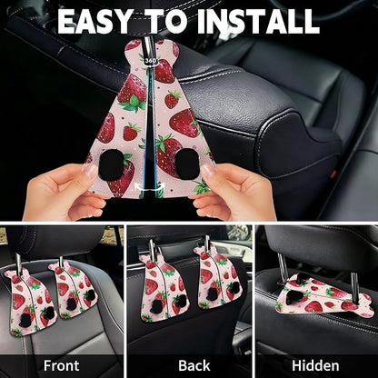 XIANGYUAN 2PCS PU Leather Car Seat Back Storage Headrest Hook,Purse Holder Bags Hanger,Women Car Accessories Organization(Pink strawberry) - Image 4