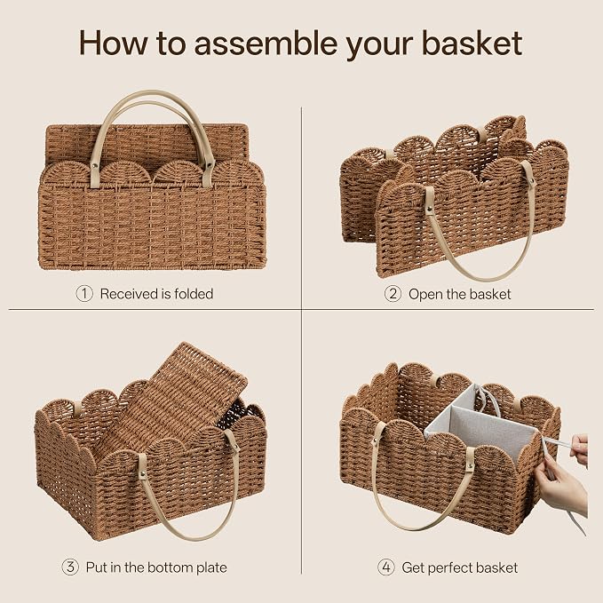 Paper Rope Diaper Caddy, Scalloped Baskets with Removable Divider | Woven Floral Baby Diaper Organizer for Changing Table,Baby Shower Gifts,Portable Car Organizer for Diapers - Image 5